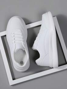 36-45 厚底情侣休闲运动鞋，女士舒适平底鞋，男士系带软底运动鞋，轻便低帮日常鞋 - 白色 - 查看 3