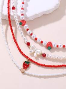 4 件套女孩草莓、蝴蝶、珍珠串珠项链套装