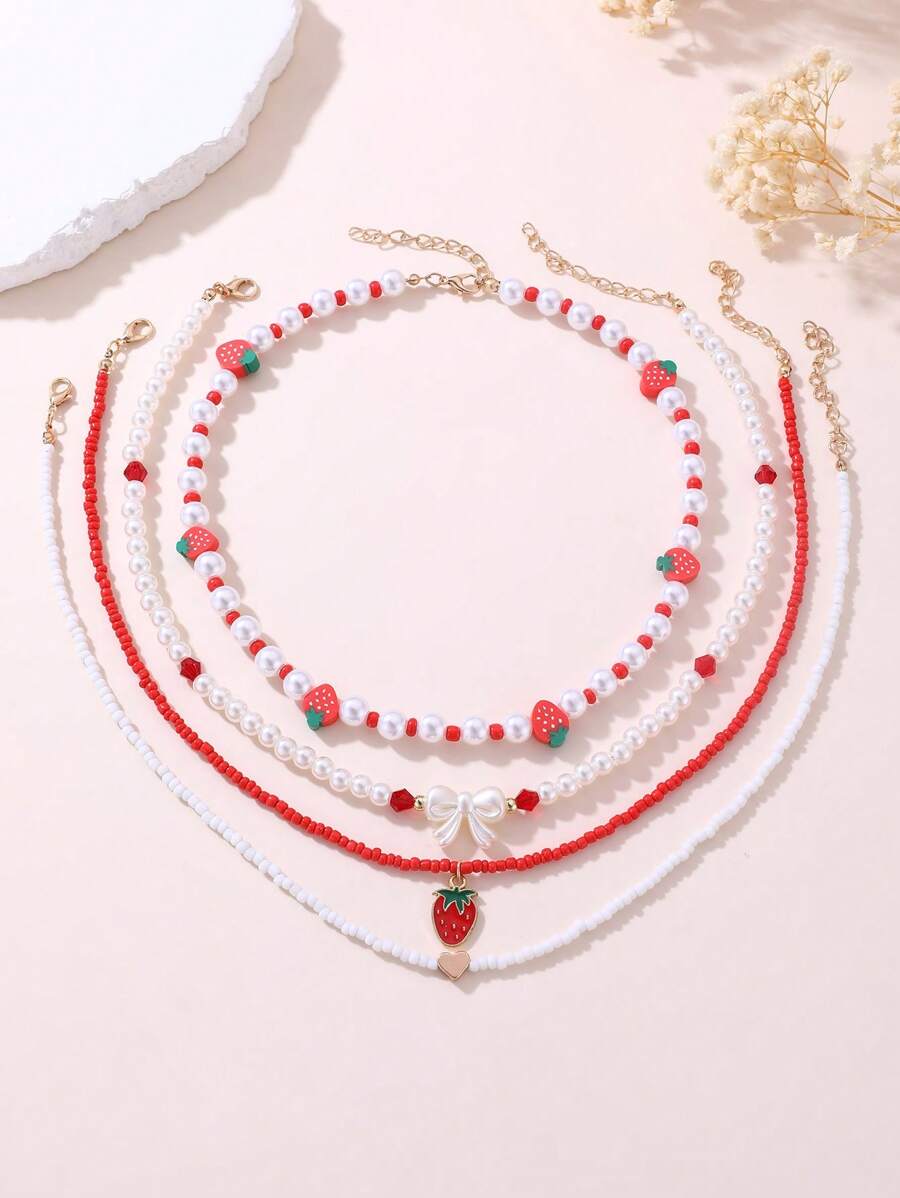 4 件套女孩草莓、蝴蝶、珍珠串珠项链套装