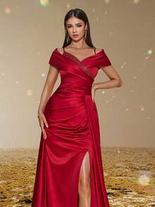 Smilprince 优雅迷人的红色露肩缎面高开叉长礼服，垂腰设计，优雅派对，女士舞会礼服，婚礼宾客、毕业典礼、晚宴的正式晚礼服