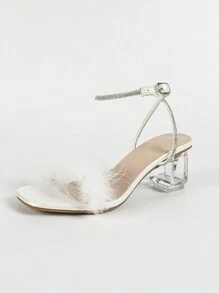 2024 秋冬女士时尚白色水钻蓬松缀饰踝带高跟凉鞋，优雅水晶高跟派对婚宴粗跟高跟鞋 - 白色 - 查看 7