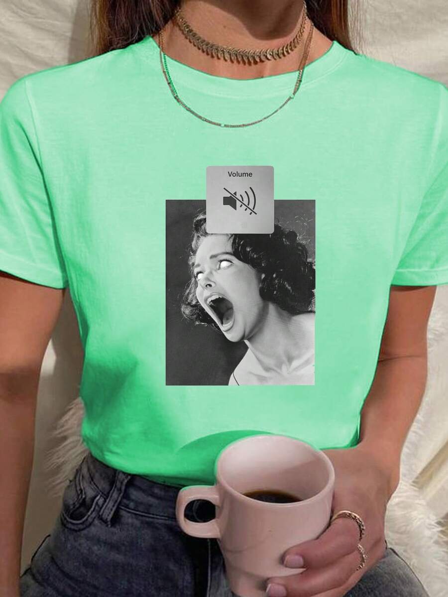 Women's T Shirt Baby Look Printed Screaming Crazy Funny Tumblr Various Colors 100% Cotton - Mint Grön - Visa 1