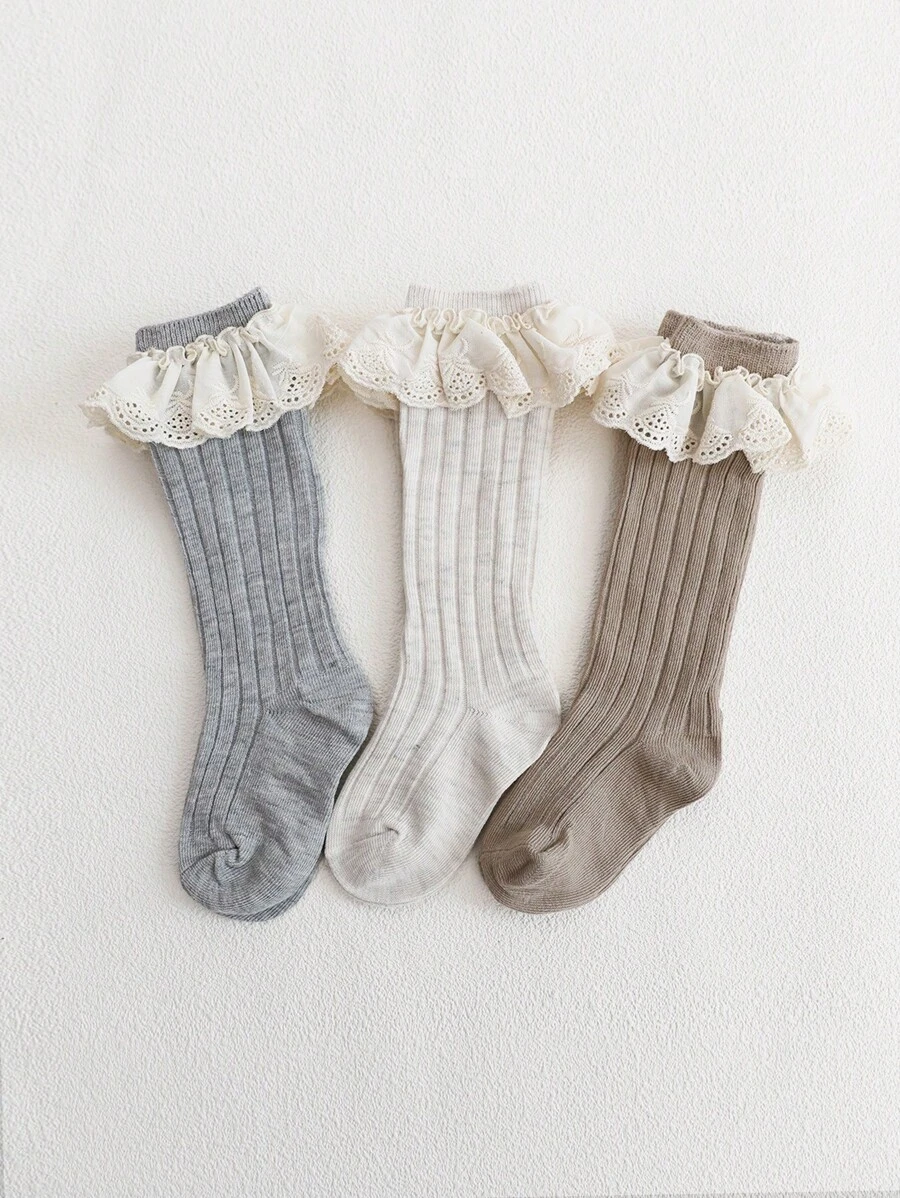3 Pairs Kids Simple Lace Solid Color Knee-High Socks, Sweet & Cute Pastoral Style, Suitable For Daily Life