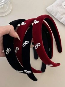 1pc Elegant Velvet Headband With Pearl Bow Decor, Suitable For Washing Face, Makeup, Daily, Evening Party And Holiday Celebration In Autumn & Winter