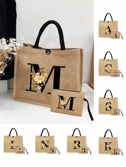 1 Set Of 2 Linen Tote Bags - 1 Bag With A-Z Letters, 1 Bag With Letter & Floral Pattern, Suitable For Mother's Day, Personalized Gifts, Etc. Yellow Linen Bag With Black Handles, Combination Of Large & Small Tote Bags, Perfect For Weddings, Birthdays, Beaches, Holidays, Gifts For Women, Mothers, Teachers, Friends, Bridesmaids, Students, Back To School (2 Bag Set Or Single Bag Option Available)