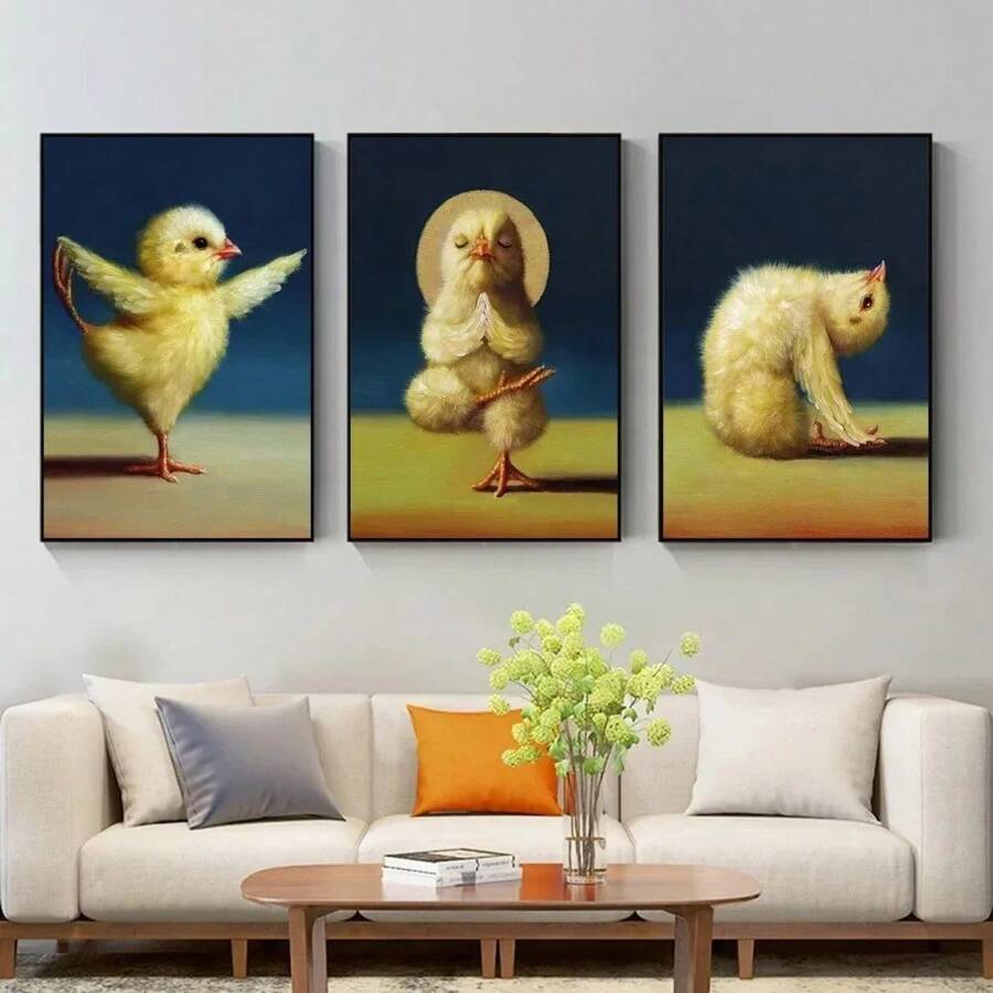 1 件有趣的动物运动海报和印刷品可爱瑜伽鸡复古墙壁艺术有氧运动姿势帆布画健身房无框架、家居装饰、房间装饰、墙壁装饰 - 彩色 - 查看 1