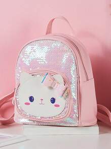 1pc Cute Girl Backpack With Zipper Closure, Cartoon Cat Sequin Decor, Suitable For Girls' Outings And Travel, Gift - 18629 Cat Backpack - View 2
