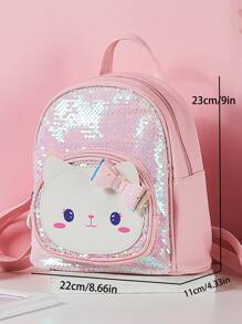 1pc Cute Girl Backpack With Zipper Closure, Cartoon Cat Sequin Decor, Suitable For Girls' Outings And Travel, Gift - 18629 Cat Backpack - View 3
