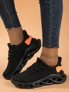 Women's Casual Knit Breathable Soft Bottom Irregular Sole Slip-On Sneakers, Lightweight & Comfortable Athletic Running Shoes - Black - View 1