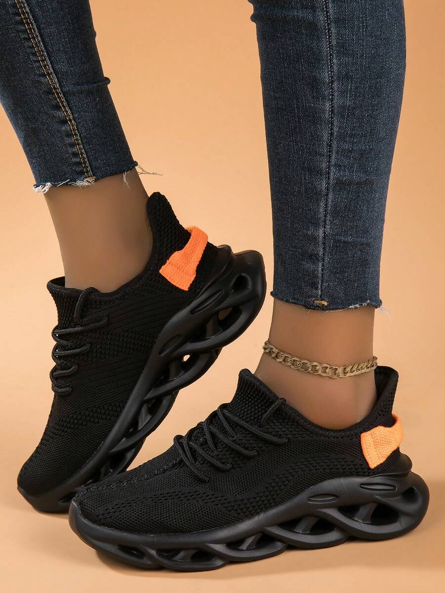 Women's Casual Knit Breathable Soft Bottom Irregular Sole Slip-On Sneakers, Lightweight & Comfortable Athletic Running Shoes - Black - View 1