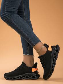 Women's Casual Knit Breathable Soft Bottom Irregular Sole Slip-On Sneakers, Lightweight & Comfortable Athletic Running Shoes - Black - View 4