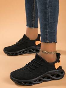 Women's Casual Knit Breathable Soft Bottom Irregular Sole Slip-On Sneakers, Lightweight & Comfortable Athletic Running Shoes - Black - View 3