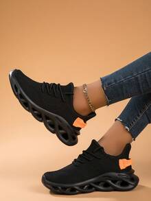 Women's Casual Knit Breathable Soft Bottom Irregular Sole Slip-On Sneakers, Lightweight & Comfortable Athletic Running Shoes - Black - View 2