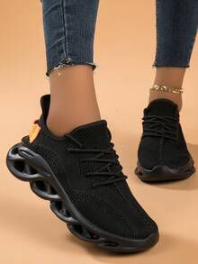 Women's Casual Knit Breathable Soft Bottom Irregular Sole Slip-On Sneakers, Lightweight & Comfortable Athletic Running Shoes - Black - View 5