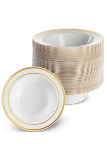 10/25 件 7.5 英寸和 4 英寸派对风格金边碗，可重复使用硬塑料 PS 沙拉、汤、酱汁、水果、甜点碗，适用于家庭、派对、婚礼、酒店使用 - 白色 - 查看 12