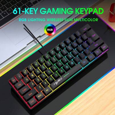 HXSJ Clavier de jeu filaire 60%, clavier mini rétroéclairé RGB, clavier compact ultra-portable de 61 touches étanche de type-C à USB pour PC/gamer, typiste, voyage, facile à transporter pour les déplacements professionnels