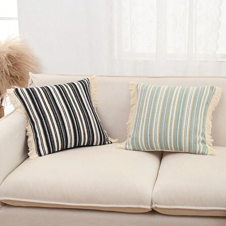 1 件彩色编织提花细条纹流苏边装饰枕套，柔软舒适，适合客厅、沙发、卧室，无枕芯 - 彩色 - 查看 1