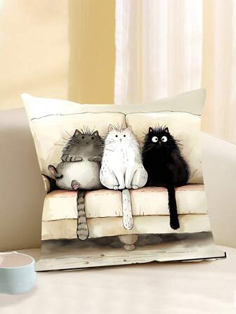 1 件可爱猫咪印花单面装饰枕套，家居装饰靠垫套，不含填充物