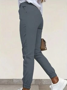 Standard Size Women Solid Color Skinny Casual Pants With Pockets - Baby Blue - View 3