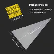Túi Cellophane hình nón, 200 chiếc 5,12"x9,84" Túi đựng quà hình nón trong suốt Cello có dây buộc xoắn màu vàng, Túi nhựa hình nón Giáng sinh Túi hình tam giác đựng bỏng ngô, kẹo, ngày lễ tình nhân - Trong sáng - Xem 11