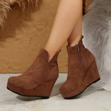全新时尚拉链加大码厚底踝靴，高腰高帮休闲舒适冬季保暖天鹅绒女靴 - 棕色 - 查看 2