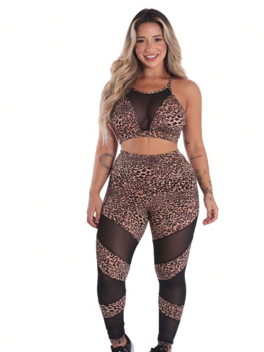 Black Plain Tulle Set Gym Fitness Clothes Women's Leggings With Top Sports Bras - 彩色 - 查看 1