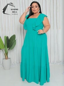 Plus Size Long Dress With Ruffle On The Shoulder - Baby Blue - View 3