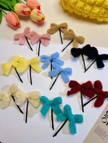 2 件可爱甜美奶油色纱线蝴蝶结夹，涤纶，侧分刘海发夹，充满少女气息，适合秋冬 - 彩色 - 查看 11