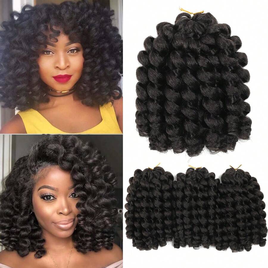 8/10/12 英寸牙买加弹跳钩针发饰 女士弹跳魔杖卷发钩针发饰 短款预环卷曲钩针发饰 - 黑棕色 - 查看 1