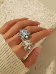 Copper Zirconia Stone Big Flower Ring, Fashion Adjustable Knuckle Ring Suitable For Party, Daily Wear And Holiday Gift
