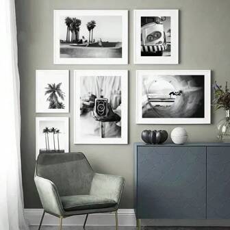 1 Stück Wandkunst Poster mit optionalem Rahmen, klassische Kamera, Skateboard, Strand Wandkunst Leinwandmalerei, schwarz-weiß, nordischer Stil Poster und Drucke, Wandbilder für Wohnzimmer, Vintage