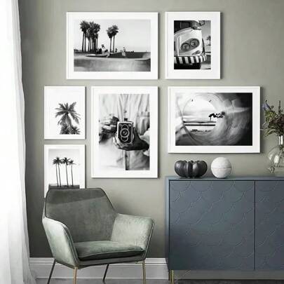 1 peça Pôsteres de arte de parede Moldura opcional Câmera clássica Van Skate Praia Arte de parede Pintura em tela Preto e branco Pôsteres nórdicos e impressões Imagens de parede para sala de estar Vintage