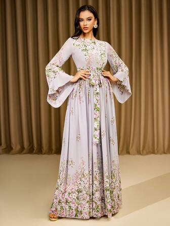 Pink Long Sleeve Chiffon Printed Round Neck Dress