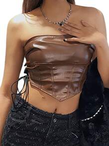 2022 Fashion  Women Sexy Off Shoulder Sleeveless Crop Tops Backless Solid Color PU Leather Tanks Vest Clubwear for Ladies - café - Ver 3