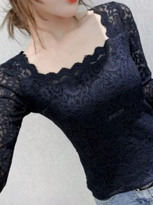 Blusa feminina de renda manga longa outono/inverno novo estilo chique slim fit sexy versátil gola quadrada