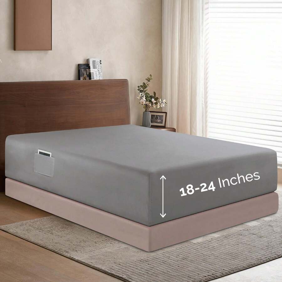 Elegant Comfort Luxury 1pc Extra Deep 18-24 Inch Deep Pocket Fitted Sheet - All Around Elastic Bedding Mattress Covers With Deep Pocket Up To 24 Inch And Double Sided Storage Pockets, Ultra Soft Machine Washable Luxury 1-Piece Bed Fitted Sheet - Fade And Wrinkle Resistant Premium Hotel Quality Twin/Full/Queen/King/Cal King Fitted Sheet, Christmas Decorations Gifts, Cozy Winter Styles, Moody Shades - 灰色 - 查看 1