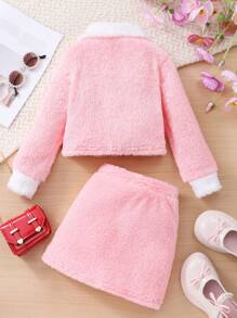 2pcs Young Girls Casual Elegant Fluffy Jacket & Skirt Suit Set, Autumn/Winter