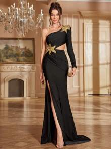 New Fashion Sexy Asymmetrical Neck Long Cocktail Dress With Applique Decor, Elegant For Formal Banquet, Spring/Summer, Party Dress, Wedding Guest Dress, Evening Dress,Gown