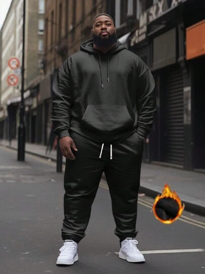 Conjunto de sudadera con capucha y pantalones de tela gruesa y casual con cordón para hombres de talla grande, ropa de otoño/invierno