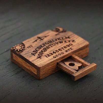 Tabuleiro de espíritos em miniatura com gaveta, decoração de casa com tabuleiro Ouija, tabuleiro de espíritos em miniatura, decorações de Halloween com mini tabuleiro Ouija, miniaturas de tabuleiro Ouija de madeira com pranchetas, tabuleiro Ouija cristão