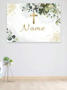 1 pieza Decoración personalizable de corona de flores con hojas verdes, telón de fondo personalizado con nombre para fiesta de cumpleaños, decoración colgante de bautizo, primera comunión y bautizo con cáliz y brillo dorado para estudio fotográfico