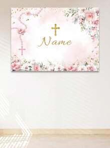 1 pieza Decoración personalizable de corona de flores con hojas verdes, telón de fondo personalizado con nombre para fiesta de cumpleaños, decoración colgante de bautizo, primera comunión y bautizo con cáliz y brillo dorado para estudio fotográfico
