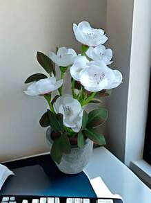 1pc/1set Artificial Flowers 17.5cm Tall Fake Plants Flocked Foam Cement Pot Mini Bonsai Decor Set, Suitable For Indoor Office Coffee Table Cabinet Desktop Decoration, Valentine Day, Gift Gifts Birthday Graduation