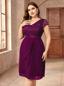 Plus V Neck Sequin Lace Contrast Ruffle Trim Chiffon Hem Cocktail Party Swing Dress