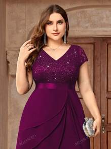 Plus V Neck Sequin Lace Contrast Ruffle Trim Chiffon Hem Cocktail Party Swing Dress