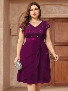 Plus V Neck Sequin Lace Contrast Ruffle Trim Chiffon Hem Cocktail Party Swing Dress