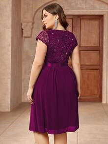 Plus V Neck Sequin Lace Contrast Ruffle Trim Chiffon Hem Cocktail Party Swing Dress - Maroon - View 2