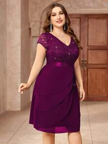 Plus V Neck Sequin Lace Contrast Ruffle Trim Chiffon Hem Cocktail Party Swing Dress
