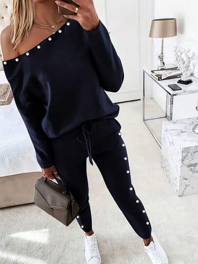 2 Stücke Damen Lässig einfarbiges Langarm-Top und Hosen Set Frühling
