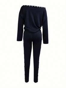 2pcs Women Casual Solid Color Long Sleeve Top And Pants Set Spring Elegant - Navy Blue - View 2